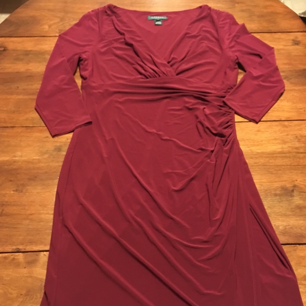 LRL Ralph Lauren faux wrap dress long sleeve wine